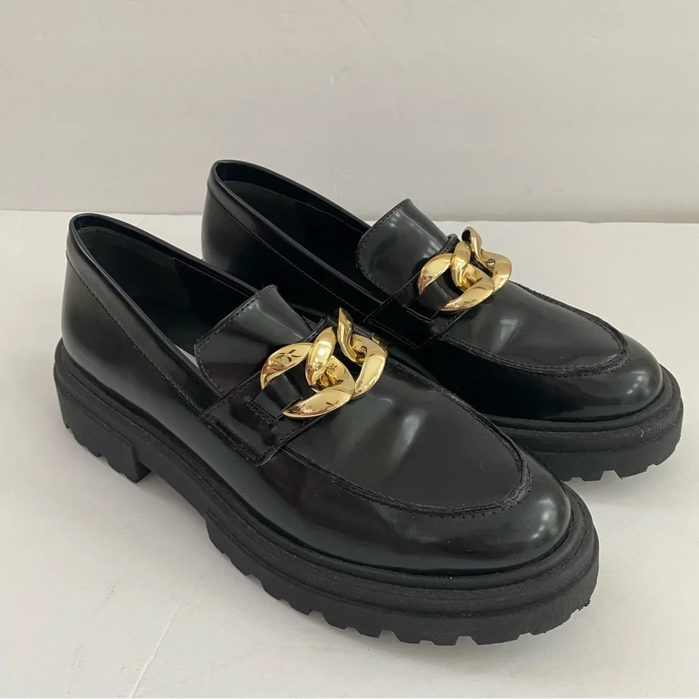 Steve Madden Makira Black Chunky Loafers with Gold Chain Size 8.5 - Picture 3 of 9